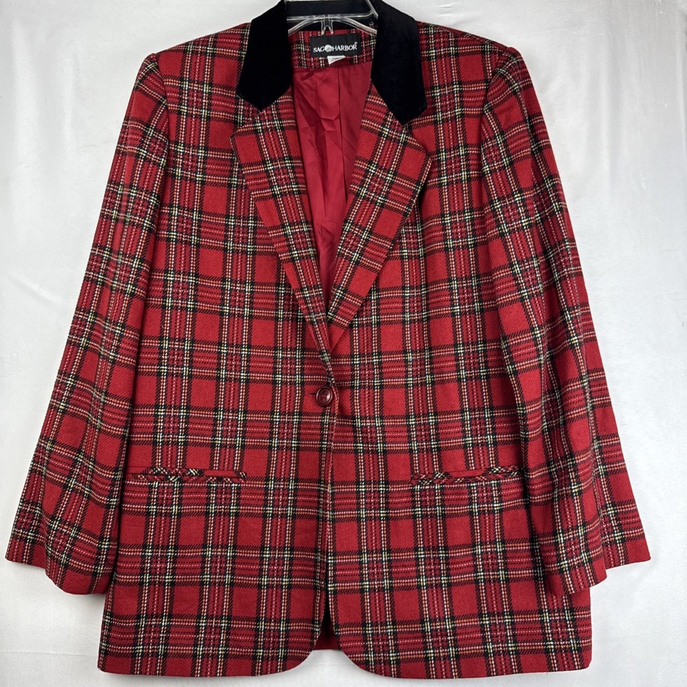 Sag Harbor Size 12 Velvet Collar Wool Blend Red Plaid‎ Blazer Academia